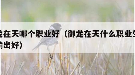 御龙在天哪个职业好（御龙在天什么职业生存和输出好）